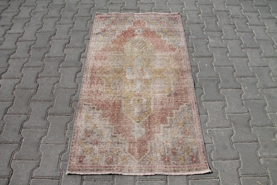 Red Muted Turkish Rug | 2x4 Ft Handmade Wool Carpet | Vintage
