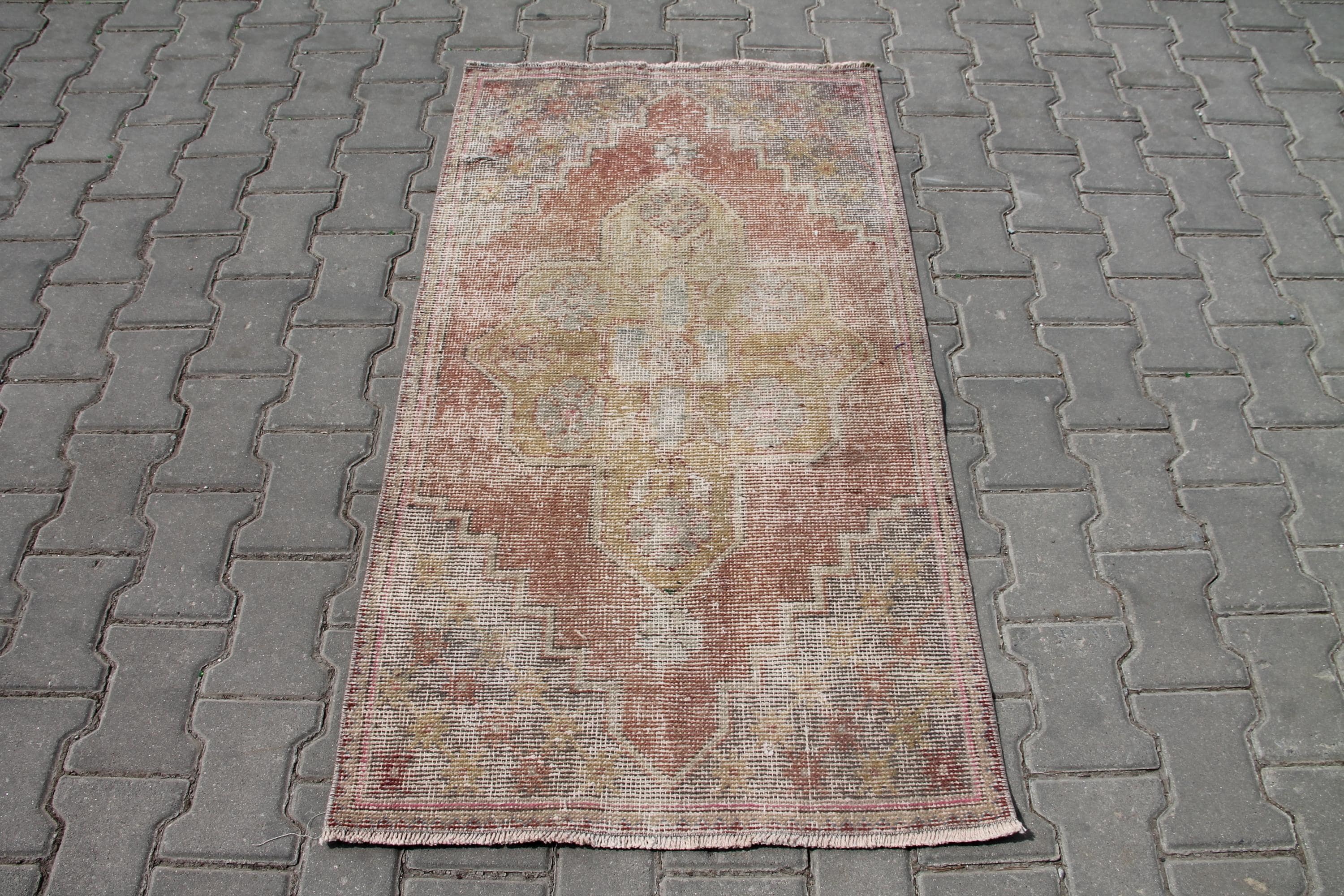 Red Muted Turkish Rug | 2x4 Ft Handmade Wool Carpet | Vintage