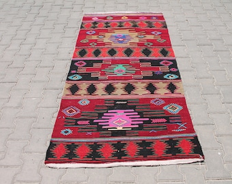 Vintage Red Striped Wool Kilim Rug: Handmade Turkish Anatolian Rug (3.2 x 6.7 ft)