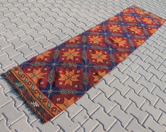 Vintage Turks kelimloperkleed: rode Oushak, boho-gang (2,4 x 9,8 ft)