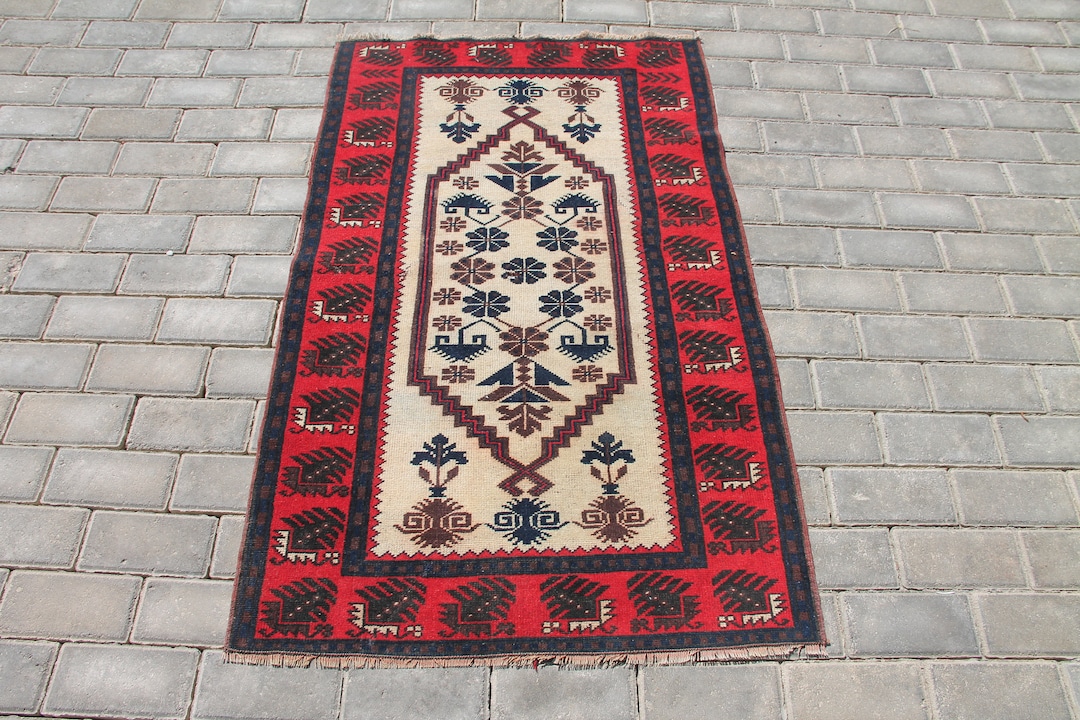 Red and Blue Turkish Rug 2.7 X 4.4 Ft Rug Handmade Rug Etsy UK