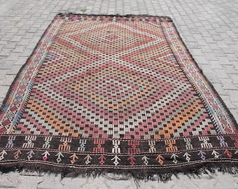 Tribal Turkish Kilim Rug (6.5' x 9.9'): Brown Red Pastel Vintage Boho Rug