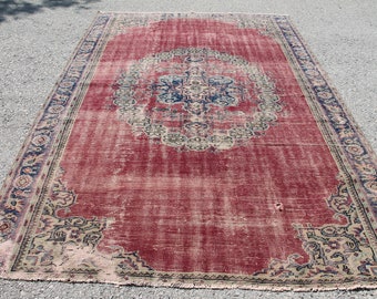 Large Vintage Oushak Rug: 6.9 x 10.6 ft Red Wool Turkish Rug