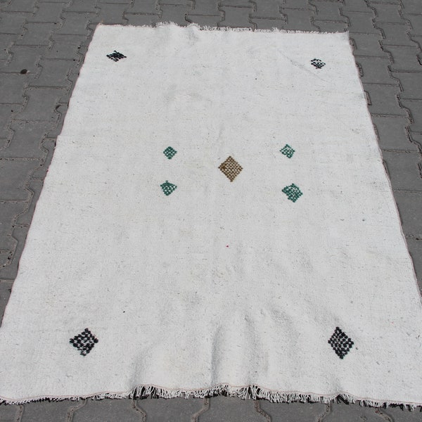 Boho Kilim blanc, tapis de 3,6 x 5,5 pieds, tapis fait main en coton, Kilim turc vintage, tapis Boho, Kilim ethnique, tapis Kilim blanc et noir