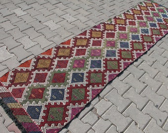 Vintage Turkish Kilim Rug: 2.2 x 9.8 ft, Handmade Wool Cotton Rug