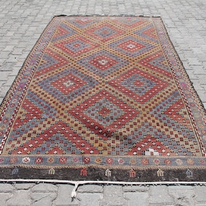 Großer Roter und Blauer Anatolischer Kelim, 5,8 &#39;x 10,8&#39; ft Teppich, Vintage Kelim Boho Handgefertigter Kelim, Türkisches Tribal, Ethnischer Boho Kelim