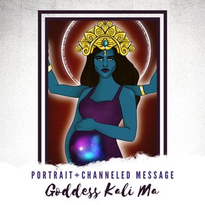 Pode incluir: Uma ilustração digital da deusa hindu Kali Ma, representada como uma mulher grávida com um tom de pele azul, usando uma coroa dourada e um vestido roxo. O fundo é de cor marrom-avermelhada com um halo branco ao redor de sua cabeça.