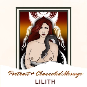 Peut inclure: Une illustration numérique de Lilith, une figure de la mythologie, représentée comme une femme aux longs cheveux roux et un serpent enroulé autour d'elle. L'arrière-plan est rouge foncé et orange avec des motifs géométriques blancs.