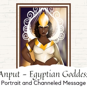 May include: Anput, the Egyptian goddess of protection and healing, is depicted in a digital illustration. She wears a golden crown and a white garment with gold accents. The background is a dark purple with white swirls.