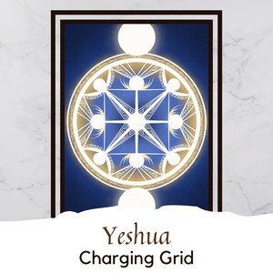 May include: A blue and gold geometric design with the text "Yeshua Charging Grid" at the bottom. The design is surrounded by a white border and a black frame.