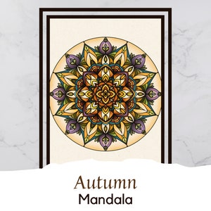 Op de afbeelding: Een kleurrijk herfstmandala met gele, oranje, groene, blauwe en paarse tinten. De mandala is ingelijst in een zwart vierkant.