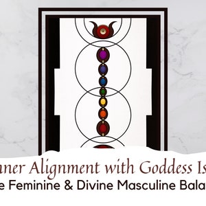 Peut inclure: Une illustration numérique d'une image encadrée en noir avec un fond blanc. L'image présente une ligne verticale de sept cercles colorés, représentant les sept chakras, à l'intérieur de trois cercles concentriques. Le texte "Inner Alignment with Goddess Isis" et "Divine Feminine & Divine Masculine Balancing" se trouve sous l'image.