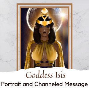May include: Digital art portrait of the Egyptian goddess Isis, depicted as a Black woman with a golden crown and a yellow dress. The background is a dark blue with stars and a glowing circle.