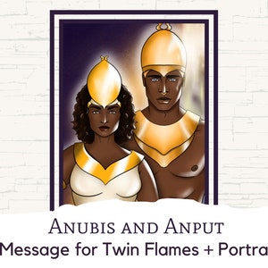 May include: Anubis and Anput, Egyptian deities, depicted in a portrait. Anubis wears a golden helmet with a curved top, while Anput wears a golden crown with a pointed top. Both have dark skin and wear golden jewelry.
