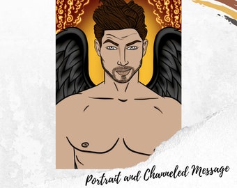 May include: Illustration of a man with dark hair, blue eyes, and a beard, with black angel wings. The image is labeled "Portrait and Channeled Message" and "ARCHANGEL HEYLAL". The background is a warm yellow with gold accents.