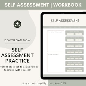 Może przedstawiać: Cyfrowy, drukowany zeszyt ćwiczeń w zielono-białej kolorystyce. Tytuł to "Self Assessment Workbook". Zeszyt zawiera listę kontrolną samooceny z pytaniami dotyczącymi ogólnego samopoczucia, snu, czasu na regenerację, zdrowych nawyków żywieniowych, utrzymywania czystości w przestrzeni, regularnych ćwiczeń i higieny.