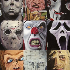 May include: A collage of nine horror movie characters, including Michael Myers, Freddy Krueger, Jason Voorhees, Pennywise the Dancing Clown, Ghostface, and Leatherface. Each character is depicted in a close-up portrait with a menacing expression.