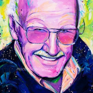 May include: Colorful portrait of a smiling man wearing glasses, with a white mustache and white hair. The artwork features vibrant pink, purple, blue, and green hues. The artist's signature and website are visible at the bottom.