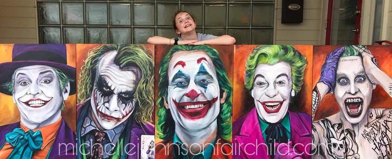 My original paintings are always large! This series "Why so Serious?" Is 10 feet long and comprised of 5 canvases.
