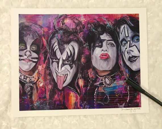KISS サイン入りイラストプレート KISS Band Art Print: Signed Music Poster, Gene Simmons, Ace