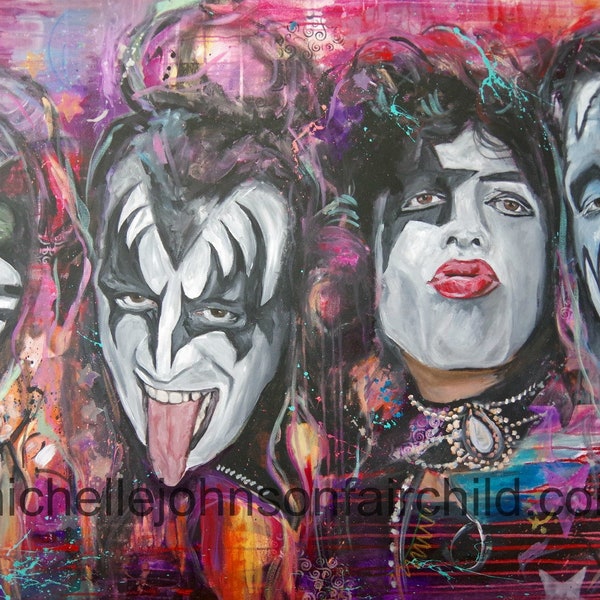 KISS!  11"x14" artist signed Fine Art Print Gene Simmons Ace Frehley Paul Stanley Peter Criss Full Makeup Tongue Star