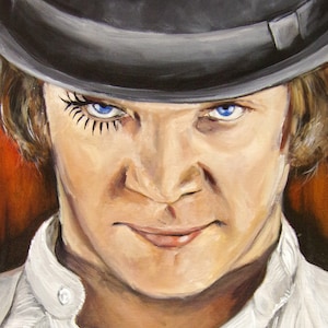 May include: A portrait painting of a person with blue eyes, wearing a black bowler hat and a white collared shirt. The person has long eyelashes on one eye. The background is a warm orange color.