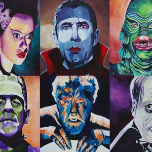 May include: A colorful painting of six classic horror movie monsters. The monsters are Frankenstein's Monster, Dracula, the Creature from the Black Lagoon, the Wolfman, and the Mummy. The painting is done in a vibrant style with bold colors and thick brushstrokes.