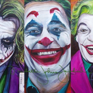 May include: A vibrant painting featuring five different portrayals of the Joker. Each panel showcases a distinct interpretation of the character, with varying makeup, expressions, and attire. The artwork is rich in color, with a focus on the Joker's iconic green hair and purple suits.