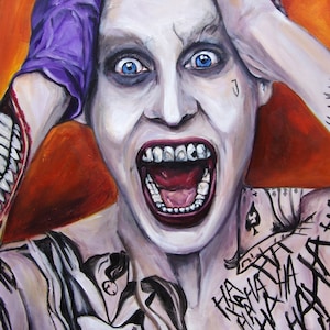 May include: An expressive painting of a character with white face paint, green hair, and blue eyes, screaming with an open mouth. The word "Damaged" is tattooed on the forehead. Tattoos and the words "HA HA HA" are visible on the chest.
