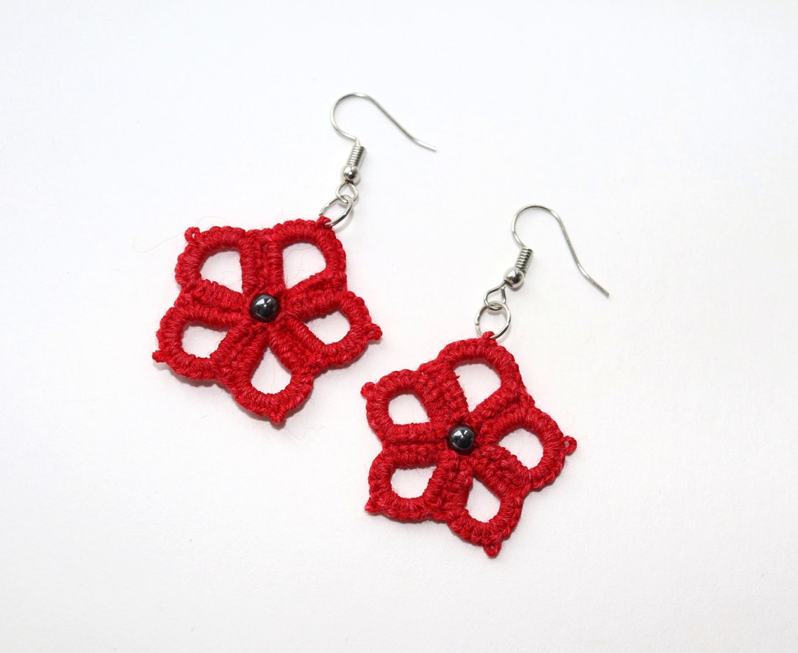 Cotton knitted earrings tatvolite lace handmade tatting Etsy