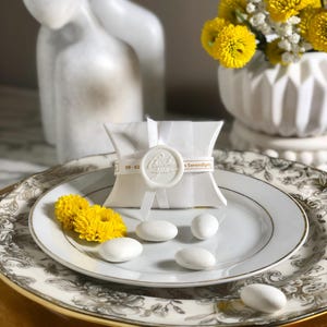 Bulk Party Favor Jordan Almonds &#39;Pillow Box&#39; - Custom Wax Seal, Greek, Italian, Koufeta, Boubounieres, Wedding, Christening, Baptism, Shower