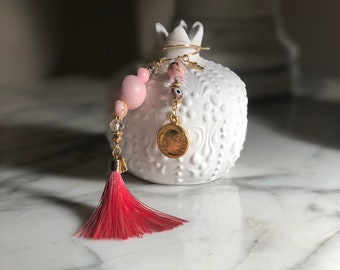 RODI Pomegranate Home Decor - Large Ornate, Good Luck Gift, Pink Tassel Cement, Housewarming Gift, Baptism, Engagement