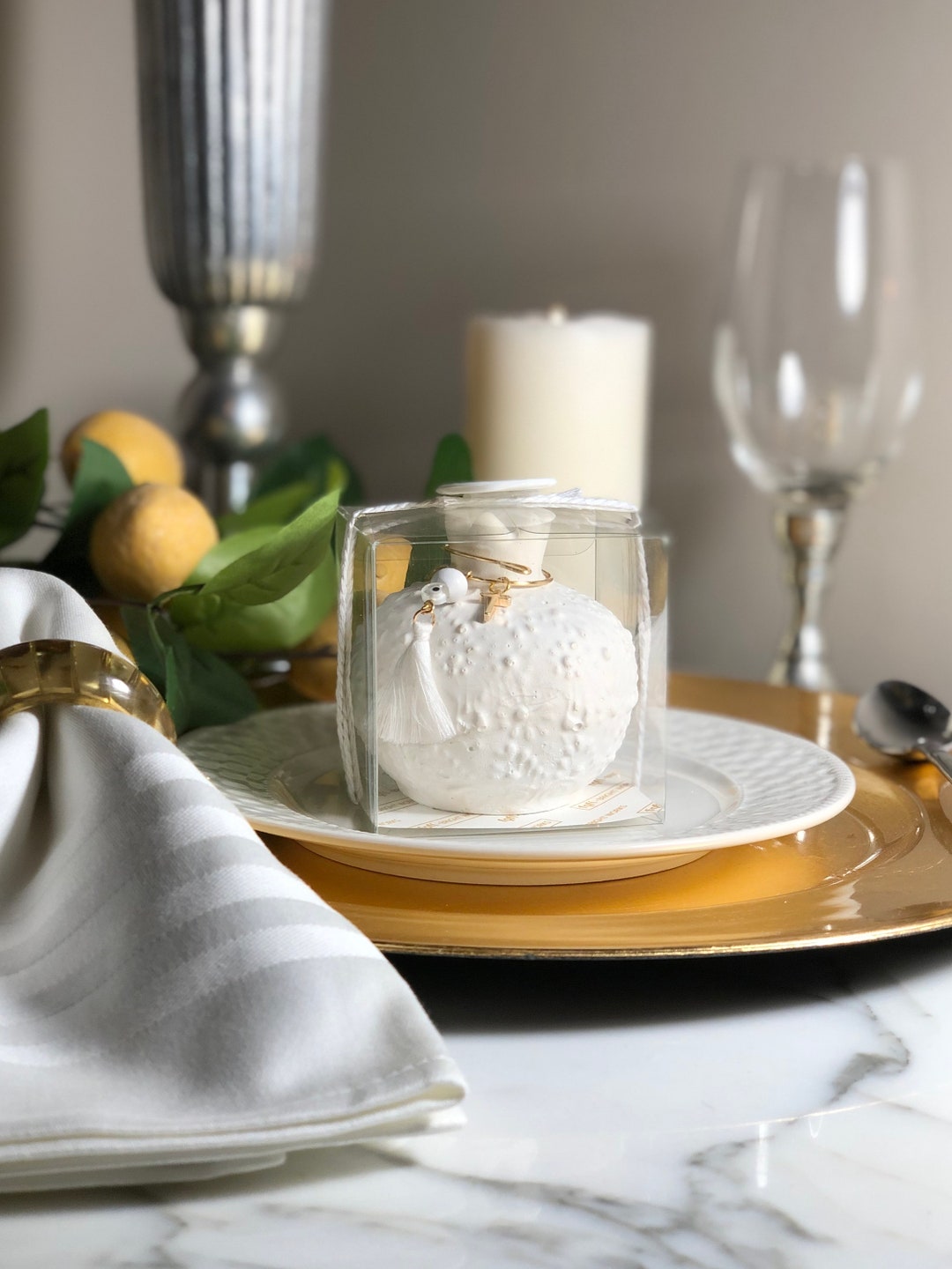 Party Favor RODI Pomegranate Ornate, White, Boubounieres, Gold Cross