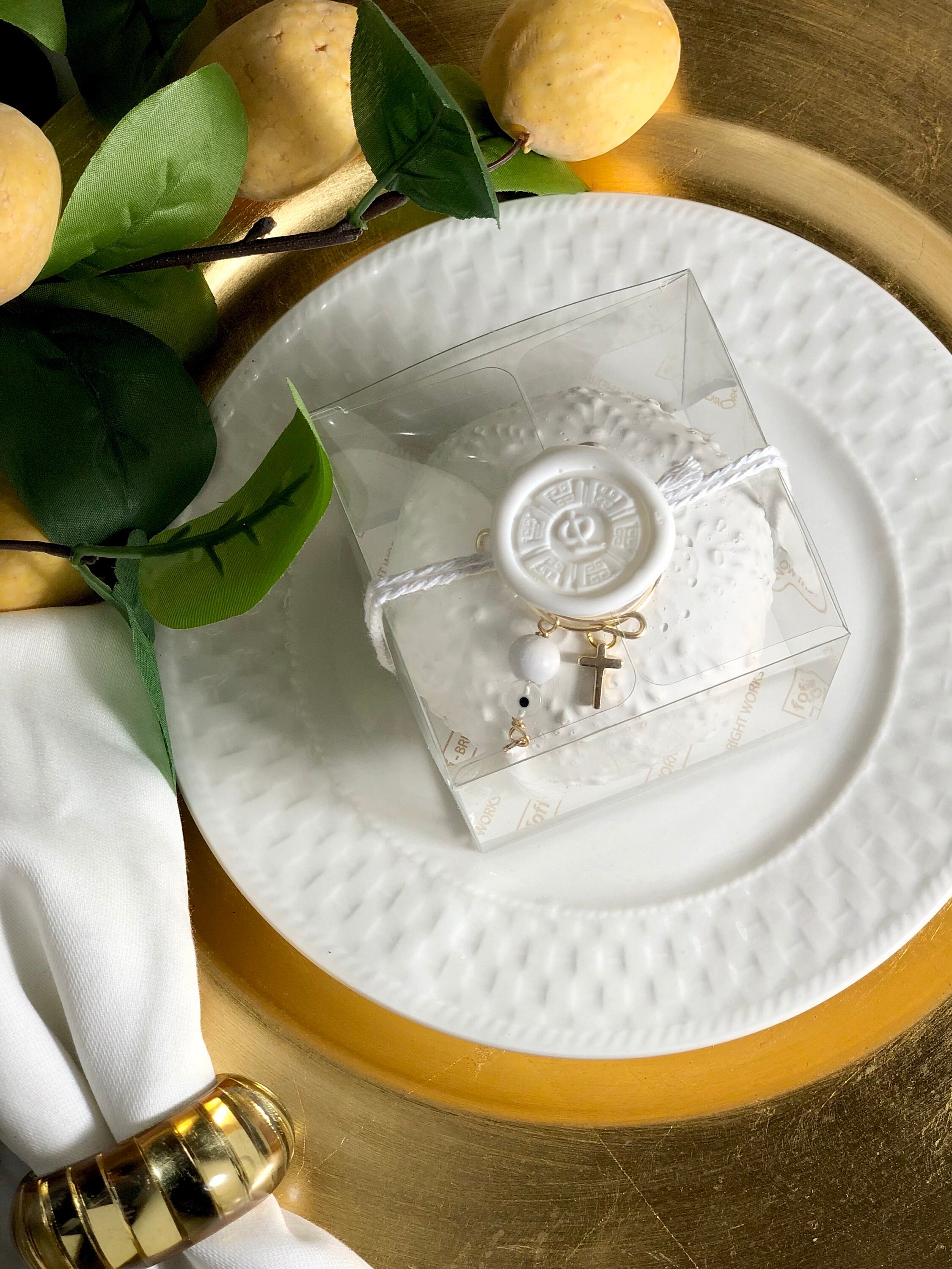 Party Favor RODI Pomegranate Ornate, White, Boubounieres, Gold Cross