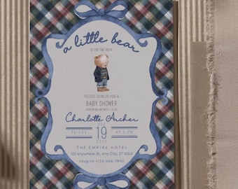 Plaid Teddy Bear Baby Shower Invitation, Polo Teddy Bear baby Shower Intivation, Elegant Teddy Bear Invitation, Preppy Plaid Invitation