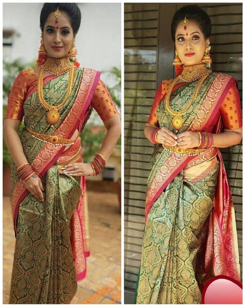 Mahendi Green Colore Designer Bold And Beautiful Saree Indian Traditional Saree Bollywood Style Exclusive Party Wear Kanchipuram Silk Saree