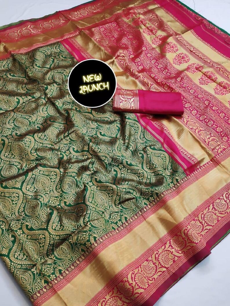 Mahendi Green Colore Designer Bold And Beautiful Saree Indian Traditional Saree Bollywood Style Exclusive Party Wear Kanchipuram Silk Saree