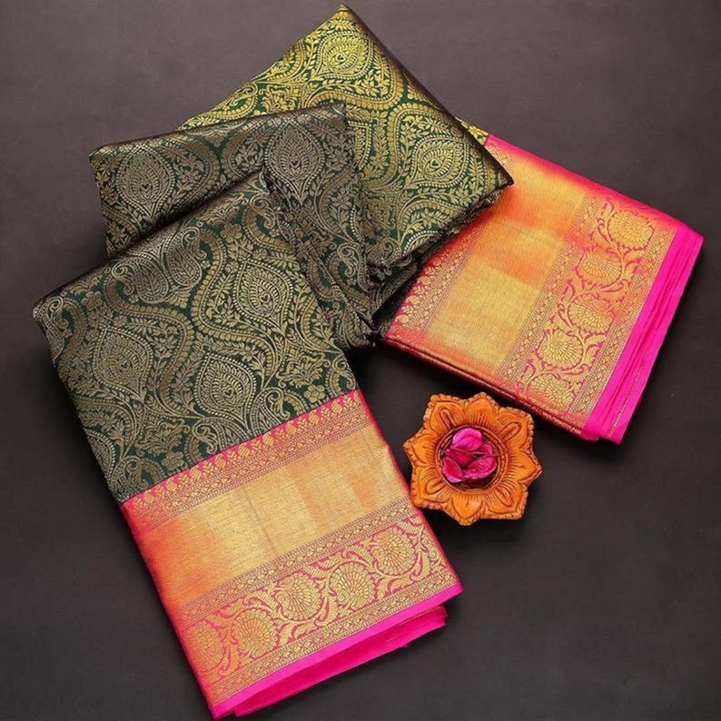 Mahendi Green Colore Designer Bold And Beautiful Saree Indian Traditional Saree Bollywood Style Exclusive Party Wear Kanchipuram Silk Saree
