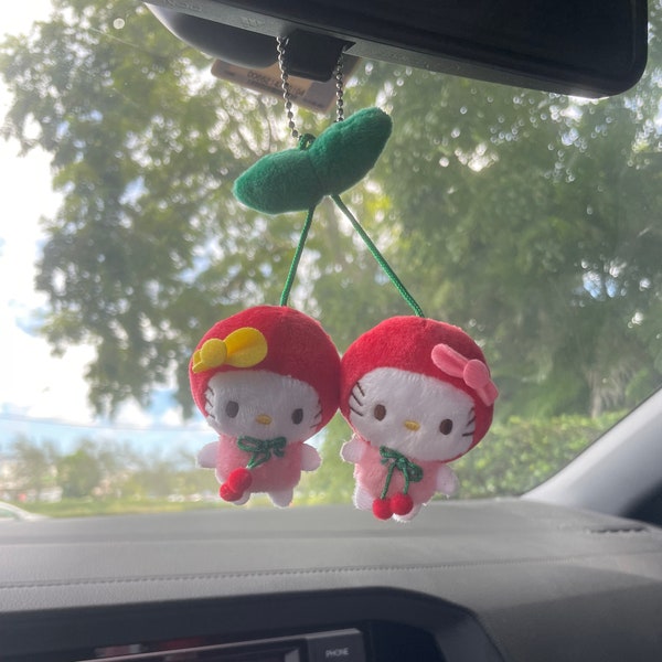 Kitty Cherry Car Charm Mirror Hanging Plush Keychain Broach - Y2K Kawaii Gift - Purse Charm