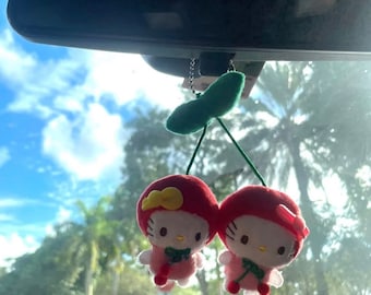 Kitty Cherry Car Charm Mirror Hanging Plush Keychain Broach - Y2K