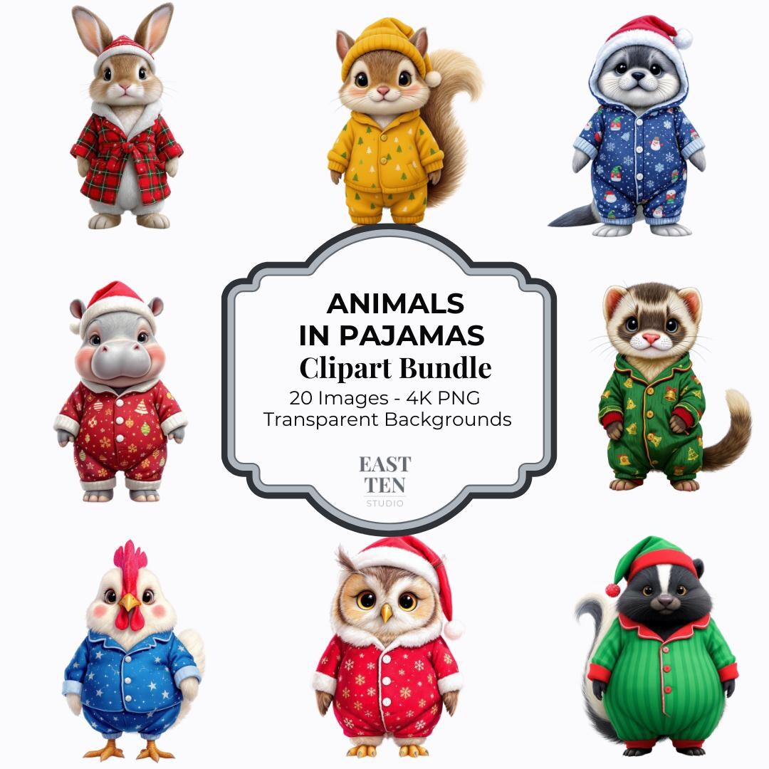 Animals in Pajamas Clipart Bundle, Christmas Sleepwear Animal ...