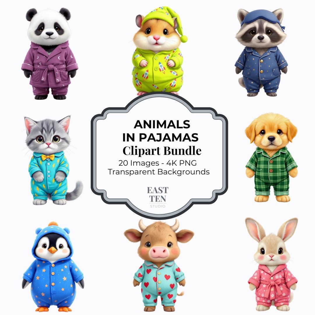 Animals in Pajamas Clipart Bundle, Christmas Sleepwear Animal ...