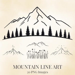 May include: A collection of black line art illustrations featuring mountain peaks, pine tree silhouettes, wildflowers, a crescent moon, and stars. The text at the bottom reads MOUNTAIN LINE ART 20 PNG Images on a light beige background.