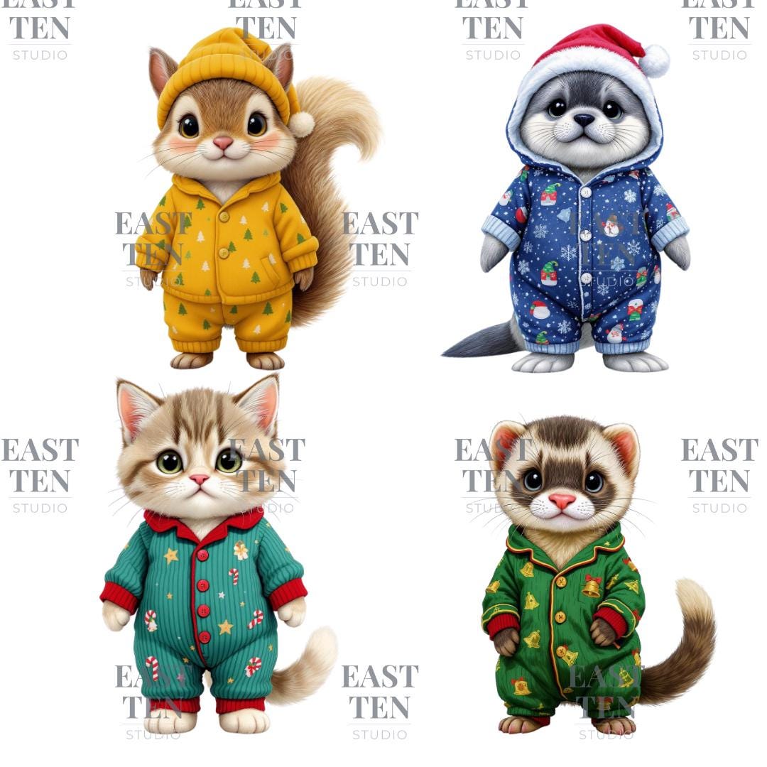 Animals in Pajamas Clipart Bundle, Christmas Sleepwear Animal ...