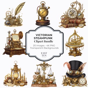 May include: A Victorian steampunk clipart bundle showcasing clockwork designs, such as clocks, gears, and an inkwell with a feather. The image includes the text "Victorian Steampunk Clipart Bundle" and "East Ten Studio".