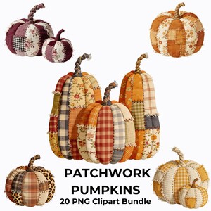 Puede incluir: Una colección de ilustraciones digitales que muestran varias calabazas de patchwork con costuras visibles, bordes de tela deshilachados y tallos retorcidos. Los patrones incluyen flores, cuadros y estampados de leopardo en colores otoñales. Texto: PATCHWORK PUMPKINS 20 PNG Clipart Bundle.