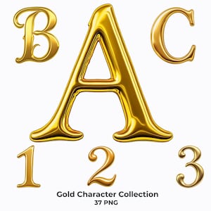 May include: A collection of gold-colored letters and numbers, including A, B, C, 1, 2, and 3. The text "Gold Character Collection" and "37 PNG" are displayed below the characters. The letters and numbers have a shiny, metallic appearance.