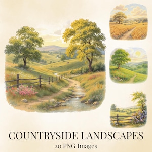 May include: A collection of digital illustrations featuring countryside landscapes with rolling green hills, winding dirt paths, flowing streams, wooden fences, and lush trees under soft sunlight. The text reads COUNTRYSIDE LANDSCAPES 20 PNG Images.