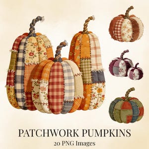 Patchwork pompoen clipart bundel, herfstpompoen illustraties, 20 transparante PNG-afbeeldingen