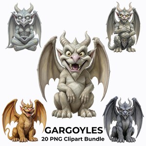 Op de afbeelding: Een verzameling van vijf verschillende waterspuwerfiguren met diverse houdingen, uitdrukkingen en kleurenschema's, waaronder grijs, beige en steentexturen. De tekst GARGOYLES 20 PNG Clipart Bundle staat onderaan de afbeelding.